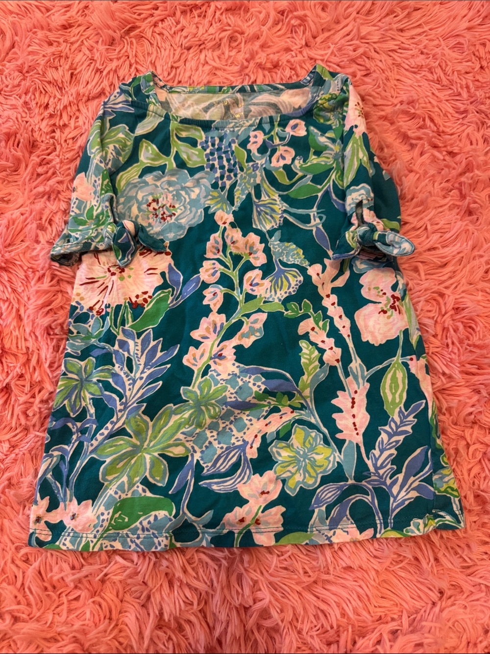 Lilly Pulitzer Girls Teal Floral Shift Dress with Pink and Green Accents